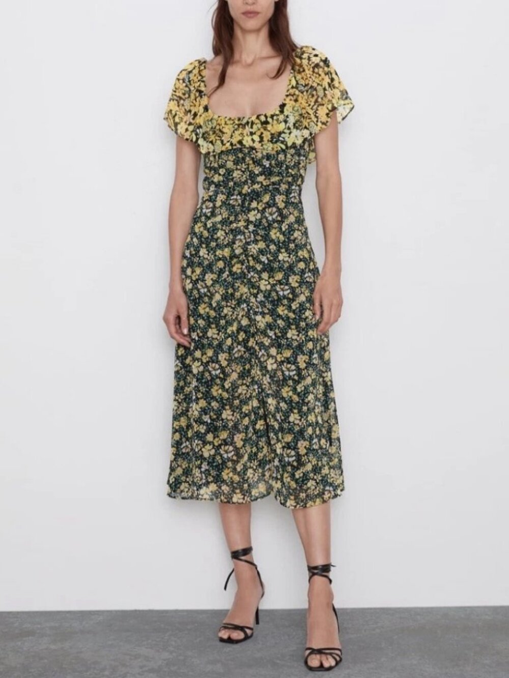 Zara Floral Midi Dress Size M | Romantic Cottagecore Yellow & Black Draped Neckl
